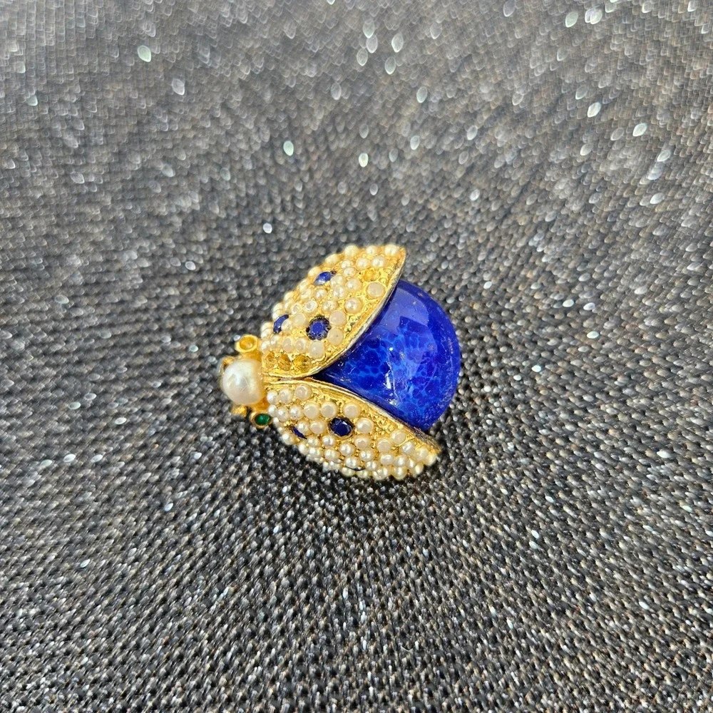 Carlyle Vintage Gold Tone Ladybug Brooch Faux Pearl‎ Blue Lapis Cabochon Beetle